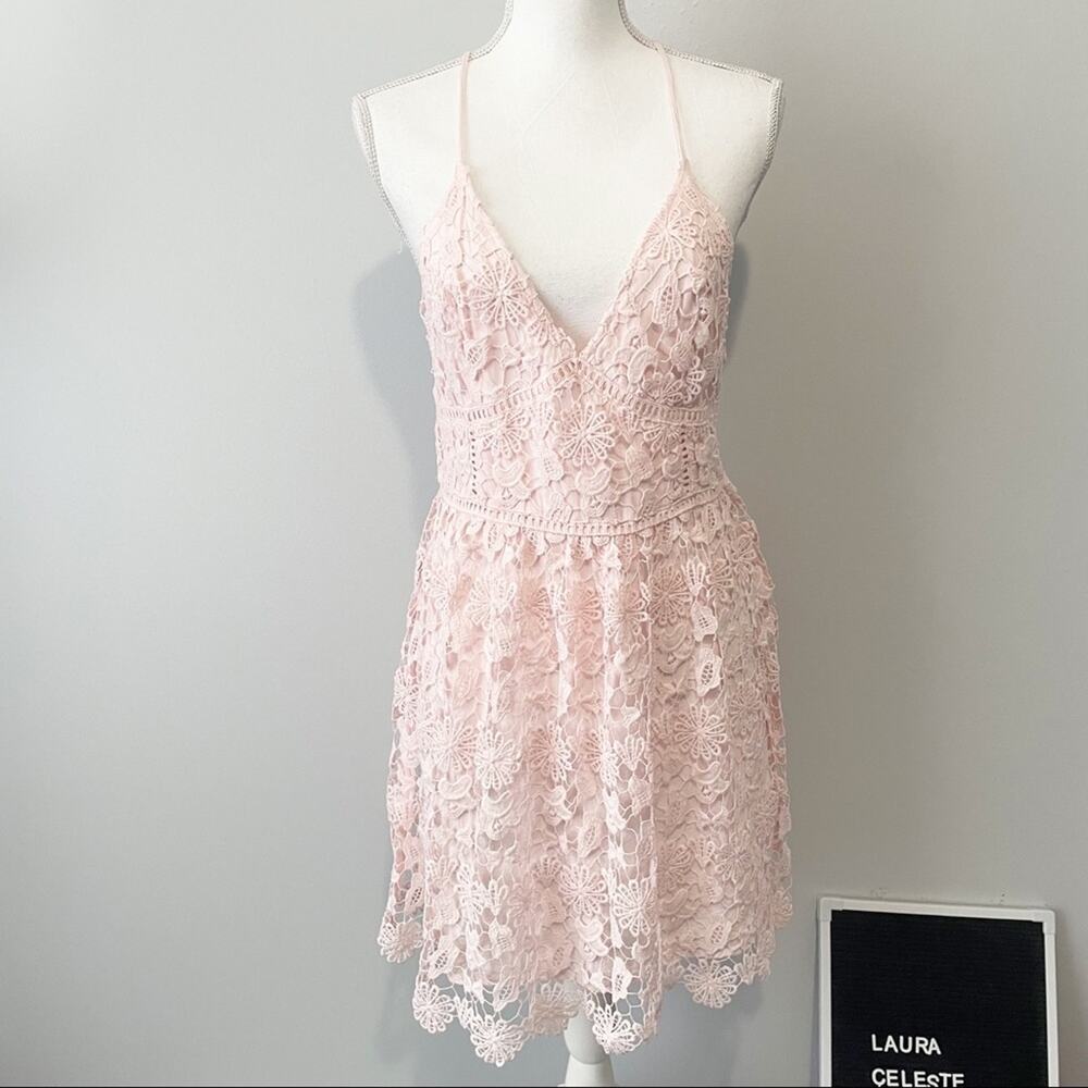 Hollister baby pink lace fit flare dress cross backless size medium